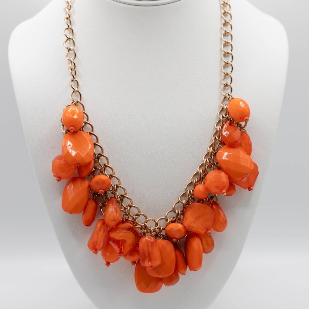 Vintage-Orange Fasceted Beads- Teardrops, Square , Circle,on  Gold Tone Chain